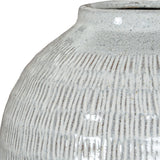 Close-up of Hill Interiors Medium Olpe ceramic vase showing textured vertical ribbing and speckled white matte finish around the rounded body and slim neck.
