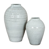 Hill Interiors Medium Olpe ceramic vases in white with textured ribbed detailing and tapered necks, shown together on a plain background.