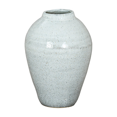 Hill Interiors Large Olpe ceramic vase in speckled white with ribbed body, rounded shoulders and tapered neck, shown on a plain white background.