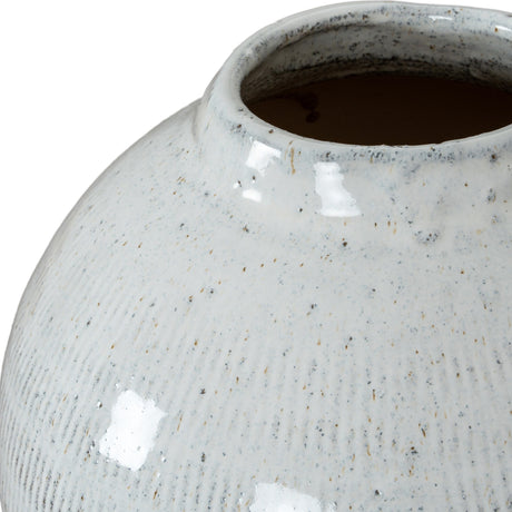 Close-up of Hill Interiors Large Olpe ceramic vase in white with speckled glaze, ribbed texture, rounded body and tapered flared neck on a white background.
