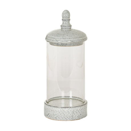 Hill Interiors Medium Hurricane Lantern with white speckled ceramic lid and base, finial top and clear glass cylinder, shown on a plain white background.
