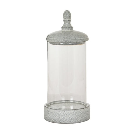 Hill Interiors Large Hurricane Lantern with clear glass cylinder, speckled grey-white ceramic lid with pointed finial and matching base, on white background.