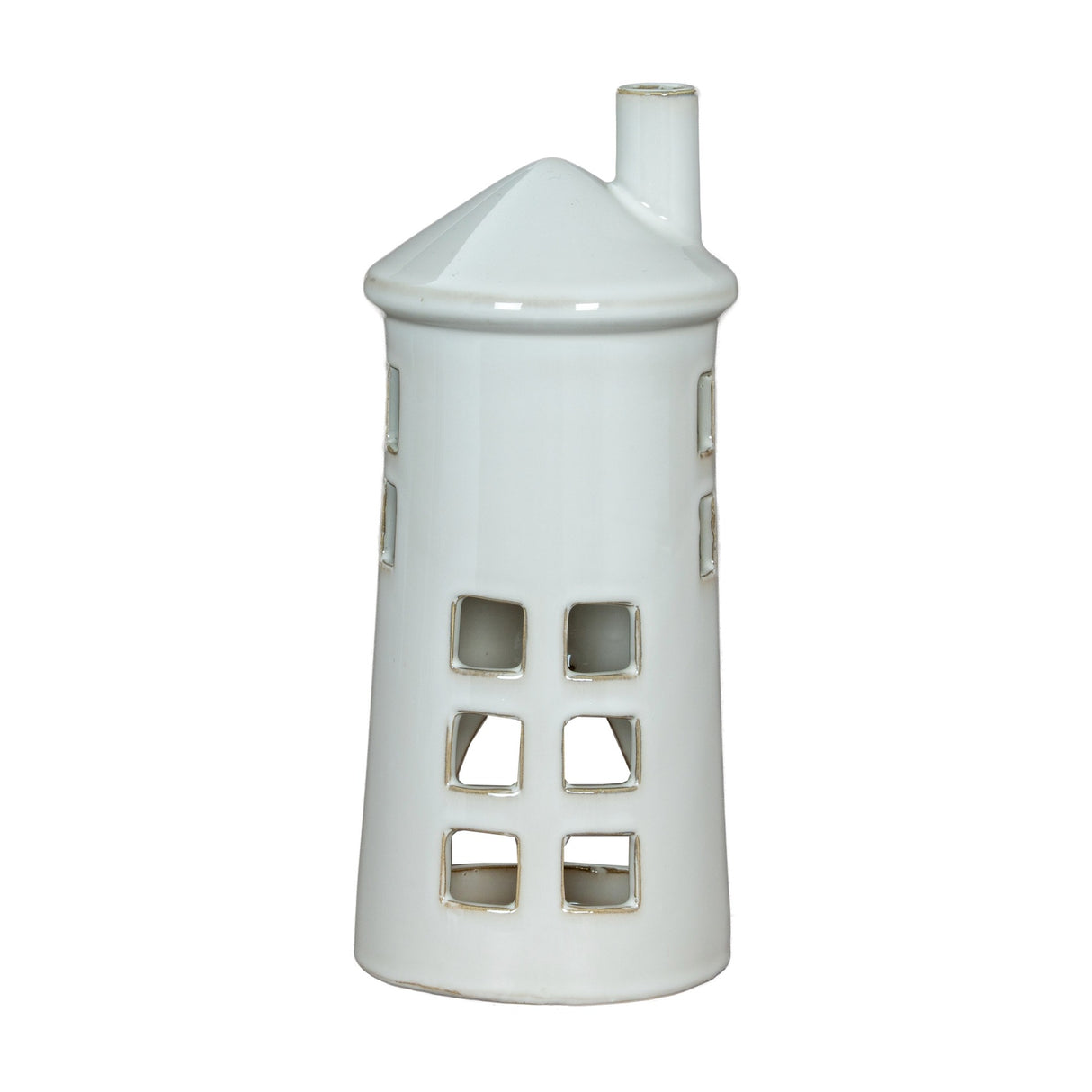 Hill Interiors Large Lighthouse Tealight Holder in white ceramic, with tapered tiered form, cut-out windows and slim chimney top, on a plain background.