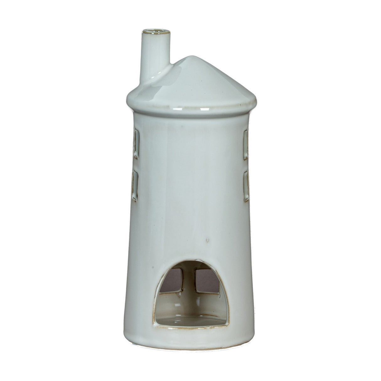 Hill Interiors Large Lighthouse Tealight Holder in white ceramic, with tapered tiered form, arched cut-out window and slim chimney, on a plain background.