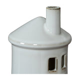 Close-up of the Hill Interiors Large Lighthouse Tealight Holder in white ceramic, showing the tapered top, slim chimney and cut-out windows.