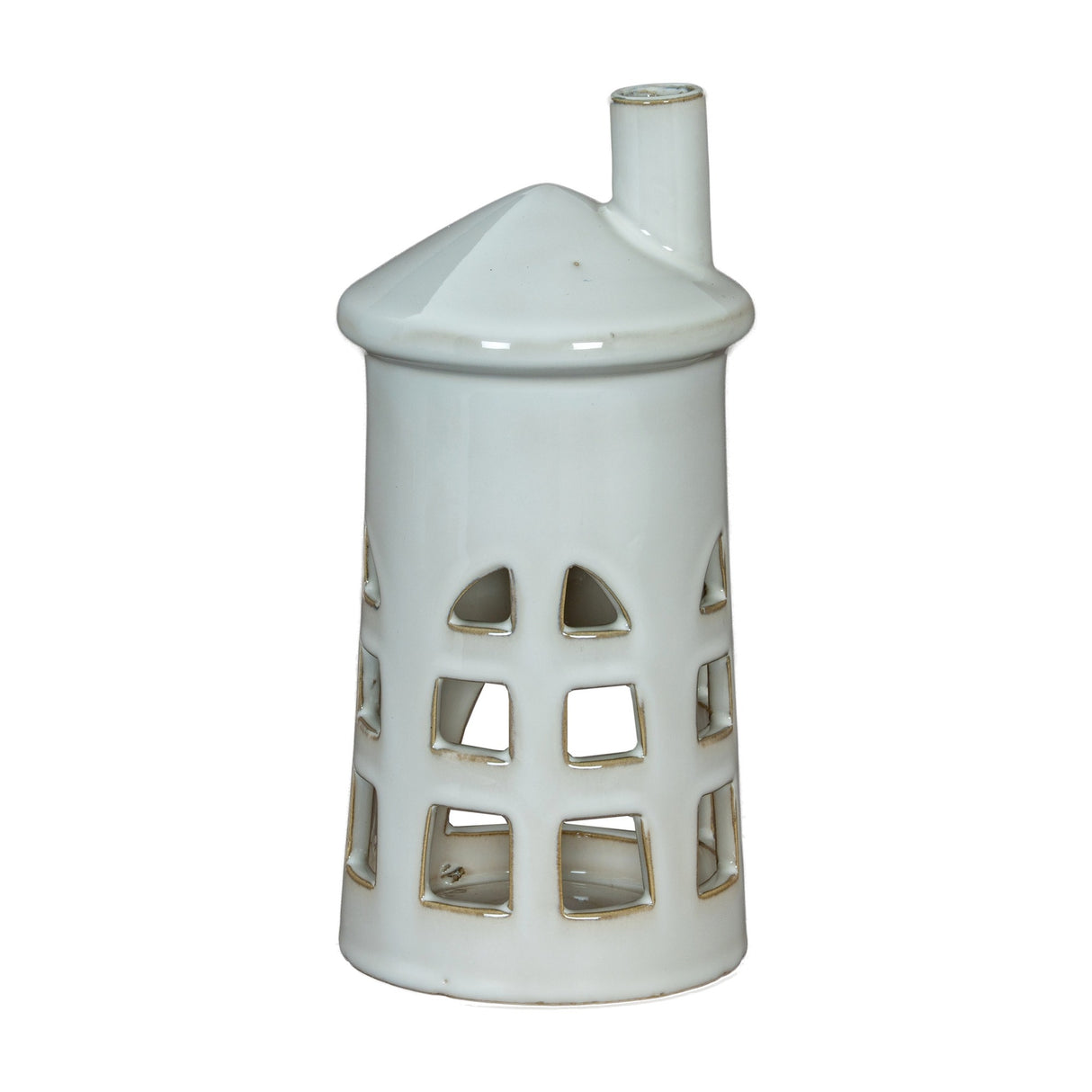 Hill Interiors Medium Lighthouse ceramic tealight holder in white, with tapered tower, cut-out windows and chimney top, shown on a plain background.
