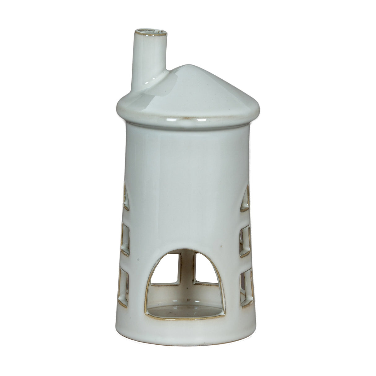 Hill Interiors Medium Lighthouse ceramic tealight holder in white with tapered tower, arched openings and chimney top, shown on a plain background.