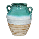 Hill Interiors ceramic amphora vase with twin handles, teal drip glaze over white and natural clay banding, shown on a plain white background.