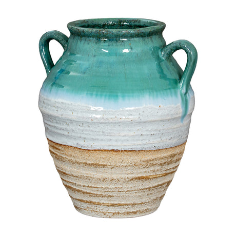Hill Interiors ceramic amphora vase with twin handles, teal drip glaze over white and natural clay banding, shown on a plain white background.