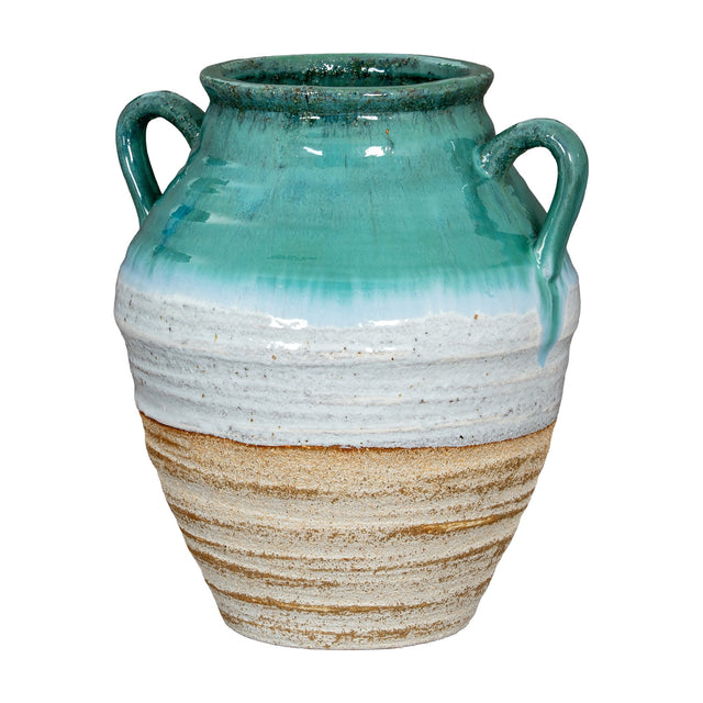 Hill Interiors ceramic amphora vase with twin handles, teal drip glaze over white and natural clay banding, shown on a plain white background.