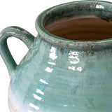 Close-up of the Hill Interiors Ceramic Amphora Vase showing its curved handle, wide rim and green-toned glazed finish with a weathered, textured edge.