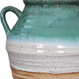 Close-up of Hill Interiors Ceramic Amphora Vase 38cm showing turquoise-green glaze dripping over a textured white band with a looped handle.