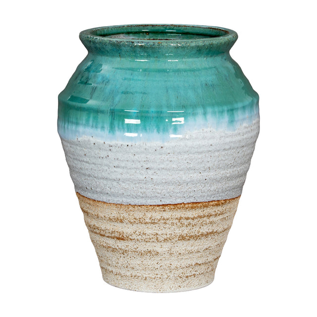 Hill Interiors Ceramic Olpe Vase 35cm in tri-tone finish, with turquoise glazed neck, textured white middle band and sandy base, on a white background.