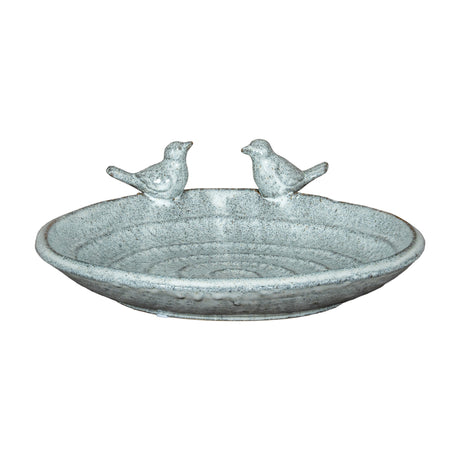 Hill Interiors ceramic bird bath sculpture in white glaze with a shallow dished bowl and two small perched bird figures, shown on a plain white background.
