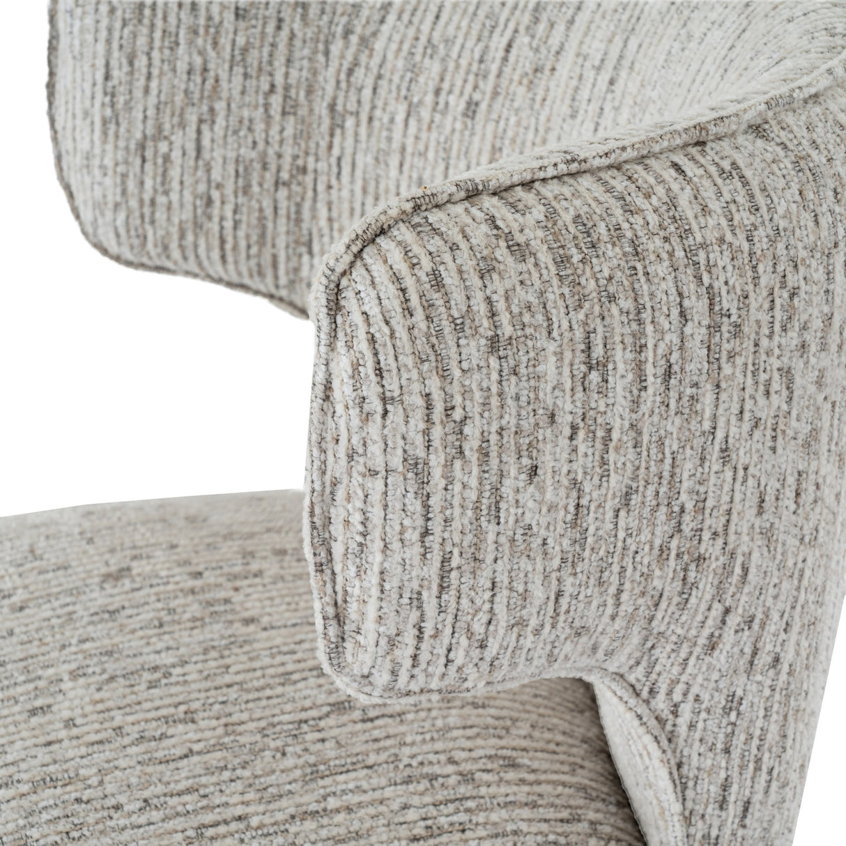 Close-up of the Hill Interiors Quennomer bar stool showing grey textured woven upholstery with subtle beige tones and curved seat edge detailing.