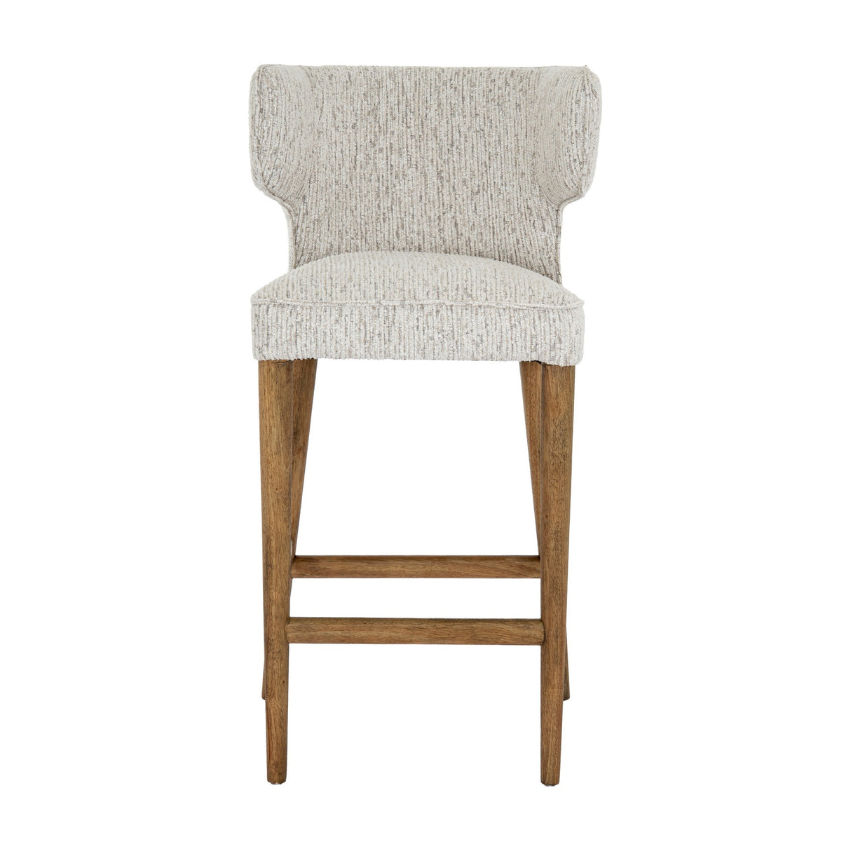 Hill Interiors Quennomer bar stool with grey textured upholstered wingback seat and back on tapered wood legs with footrest, on a white background.