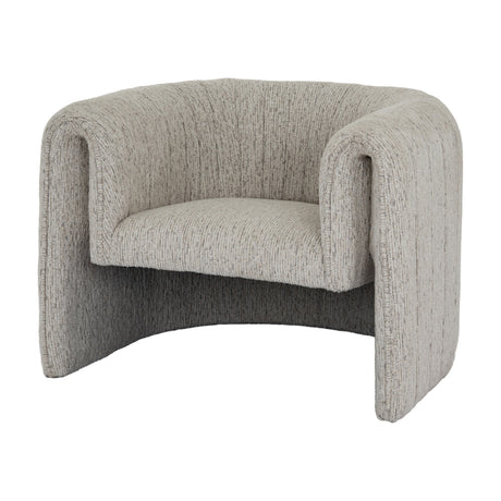 Hill Interiors Quennomer upholstered accent armchair in soft grey textured fabric with curved wraparound back and low-slung seat on a plain background.