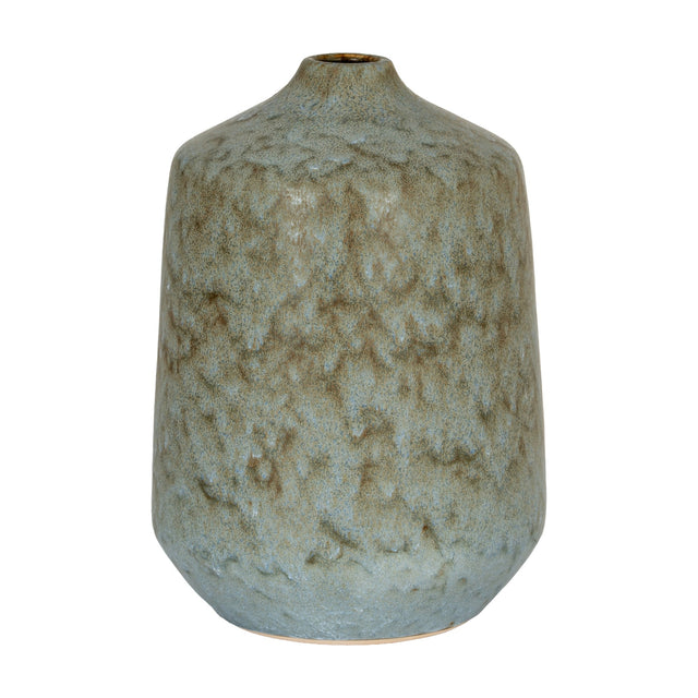 Hill Interiors ceramic bottle vase in grey with a mottled glaze, rounded body and slender neck, shown against a plain white background.