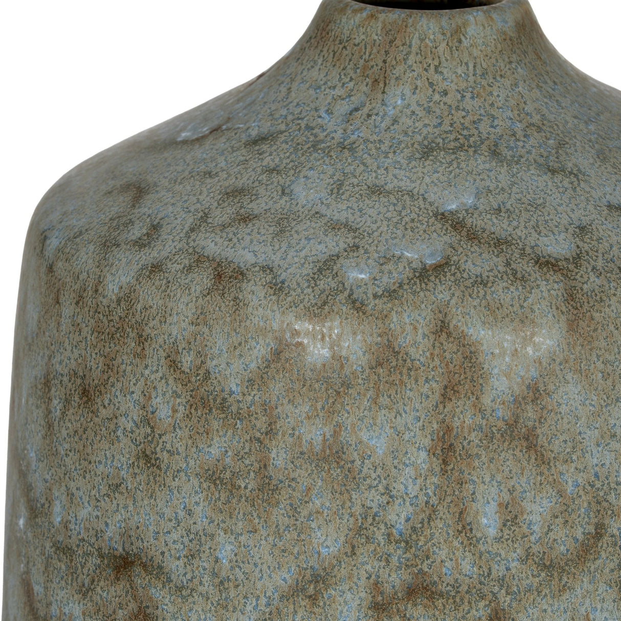 Close-up of the Hill Interiors 30cm grey Ceramic Bottle Vase, showing its mottled glaze with soft blue and brown tones on the rounded shoulder and slender neck.