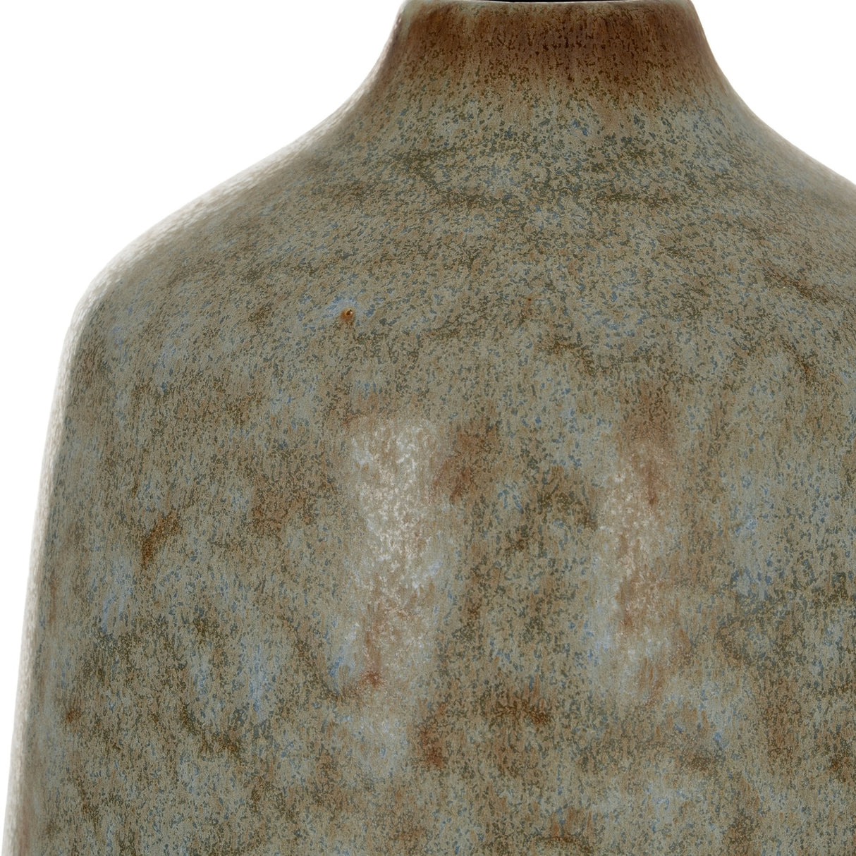 Close-up of the Hill Interiors Tall Ceramic Bottle Vase in grey with a mottled matte finish and brown and blue speckles on the rounded body and slim neck.