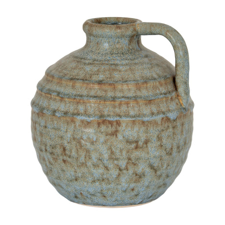 Hill Interiors Ceramic Jug Vase 18cm in grey with a rounded body, ribbed detailing, curved handle and mottled chalky glaze, on a white background.