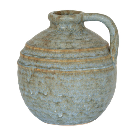 Hill Interiors Large Ceramic Jug Vase in grey with a rounded body, ribbed banding, curved handle and matte glaze, shown on a plain white background.