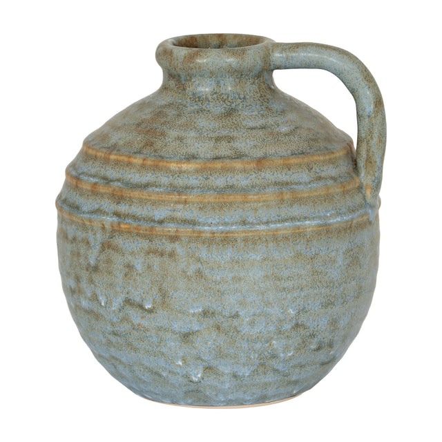 Hill Interiors Large Ceramic Jug Vase in grey with a rounded body, ribbed banding, curved handle and matte glaze, shown on a plain white background.