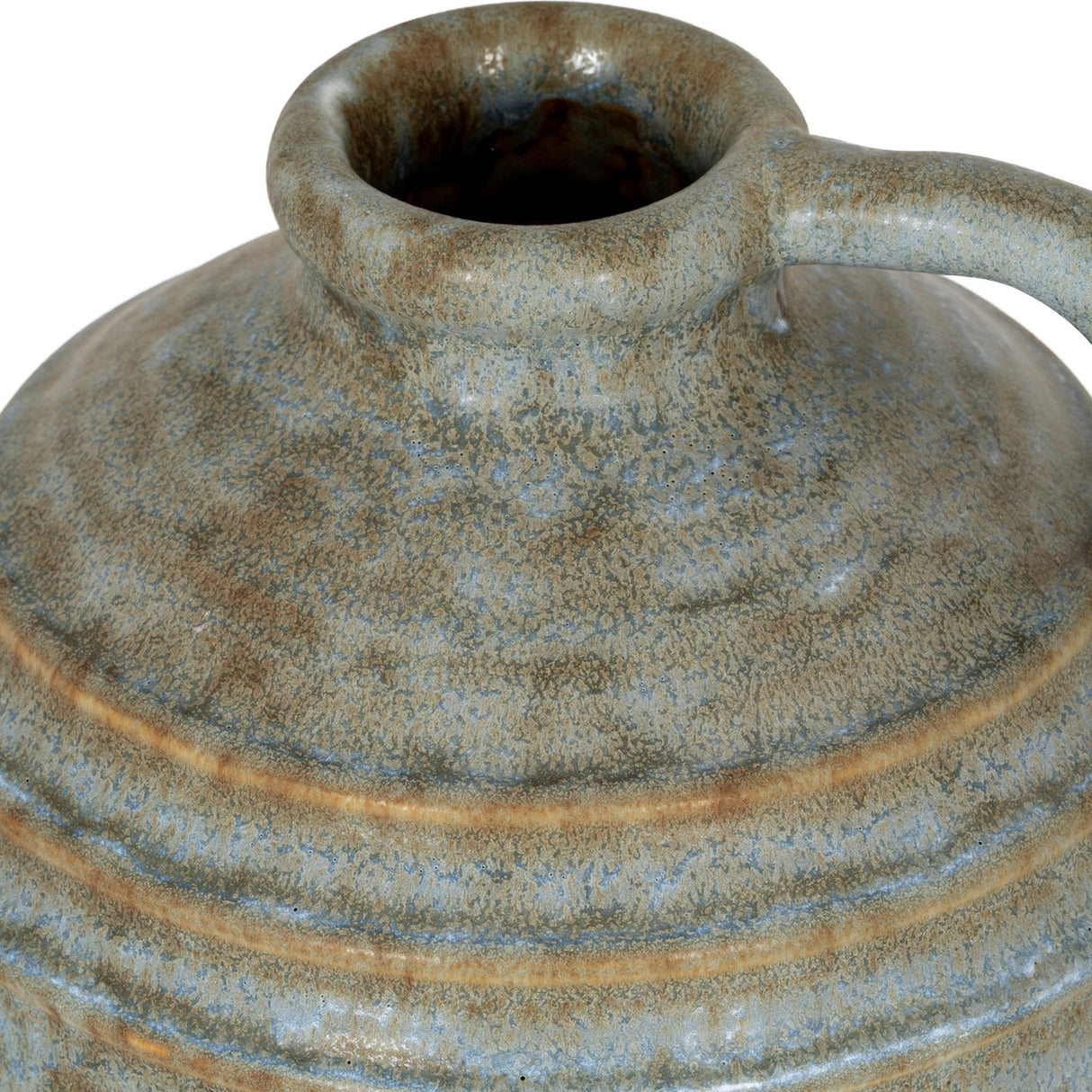 Close-up of Hill Interiors Large Ceramic Jug Vase in grey, showing the rounded pouring lip, side handle, and mottled matte glaze with subtle ribbed detailing.