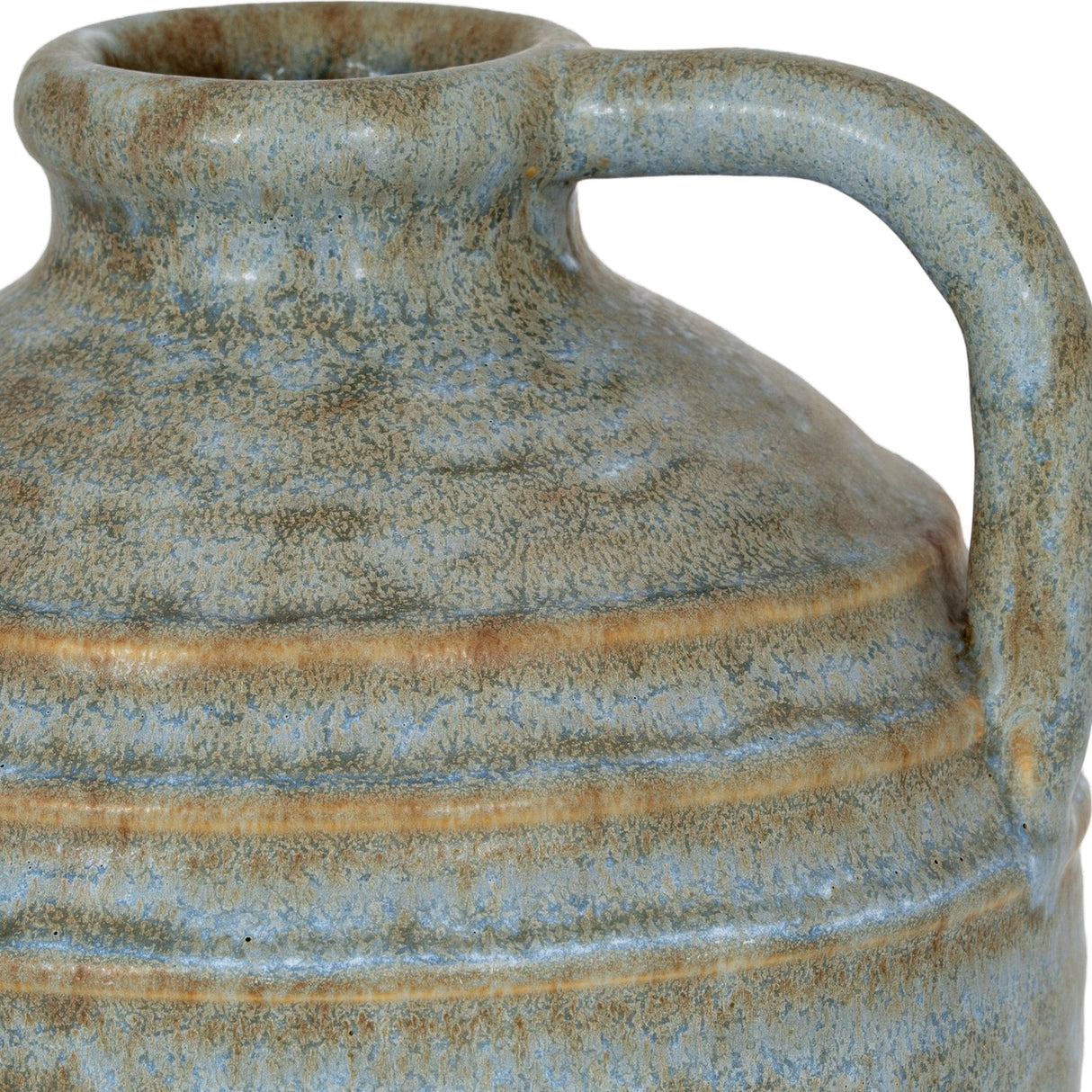 Close-up of the Hill Interiors Large Ceramic Jug Vase in grey, showing the ridged body, curved handle and mottled matte glaze with soft blue and rust tones.