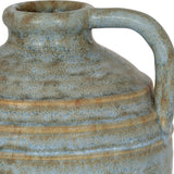 Close-up of the Hill Interiors Large Ceramic Jug Vase in grey, showing the ridged body, curved handle and mottled matte glaze with soft blue and rust tones.