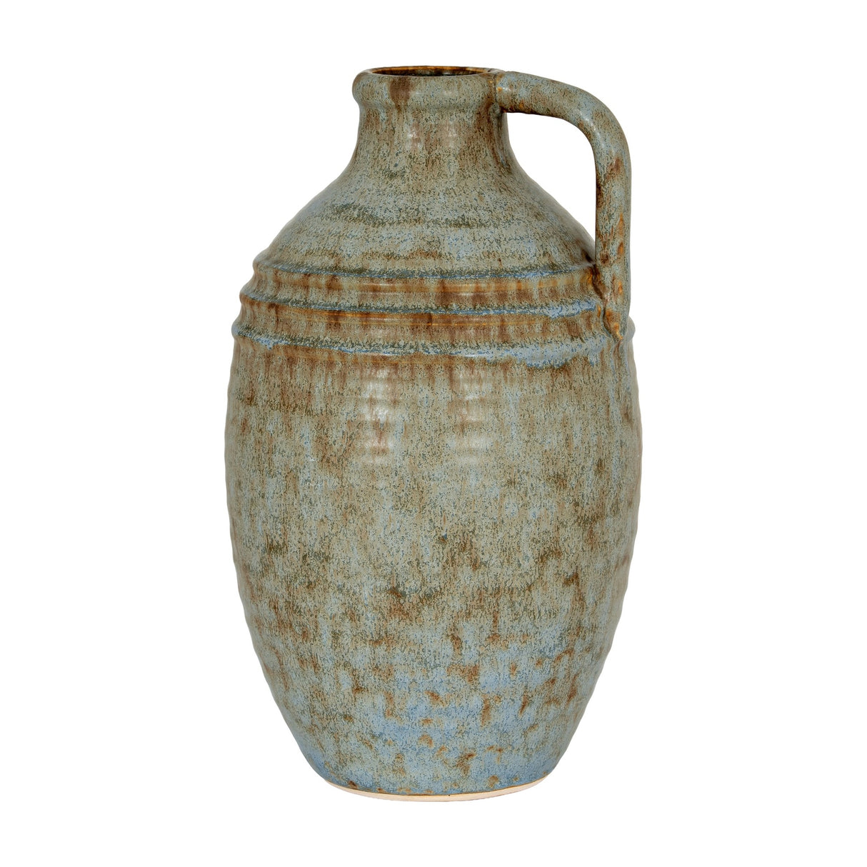 Hill Interiors Ceramic Bottle Vase in grey with a rounded body, ridged shoulder, narrow neck and side handle, mottled glaze, on a white background.