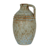 Hill Interiors Ceramic Bottle Vase in grey with a rounded body, ridged shoulder, narrow neck and side handle, mottled glaze, on a white background.