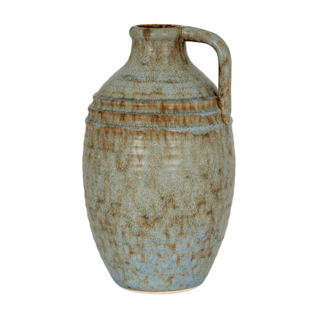 Hill Interiors Ceramic Bottle Vase in grey with a rounded body, ridged shoulder, narrow neck and side handle, mottled glaze, on a white background.