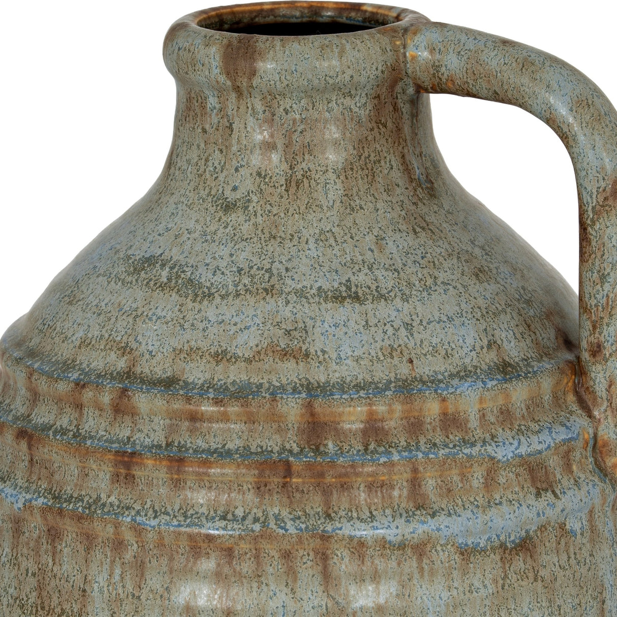 Close-up of Hill Interiors Ceramic Bottle Vase in grey with a mottled matte glaze, tapered neck, side handle and ridged detailing on a white background.