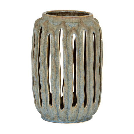 Hill Interiors Ceramic Vase 27cm in grey with a rounded body, tapered neck and vertical cut-out slots in a muted glaze, on a white background.