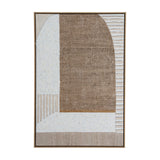 Hill Interiors hand painted portrait canvas in a slim wood frame with textured white, brown woven, and striped abstract shapes in a multicoloured composition.