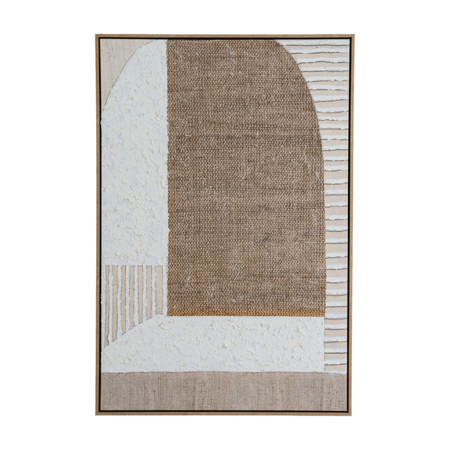Hill Interiors hand painted portrait canvas in a slim wood frame with textured white, brown woven, and striped abstract shapes in a multicoloured composition.