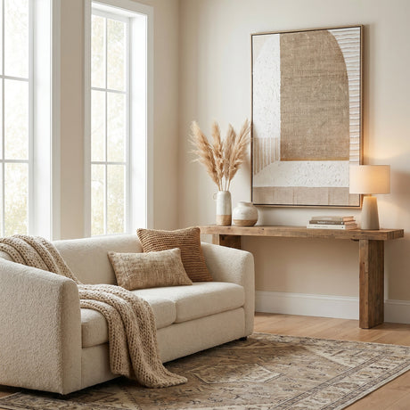 Hill Interiors hand painted canvas in slim wood frame with abstract multicoloured design, displayed above a rustic console in a neutral living room.