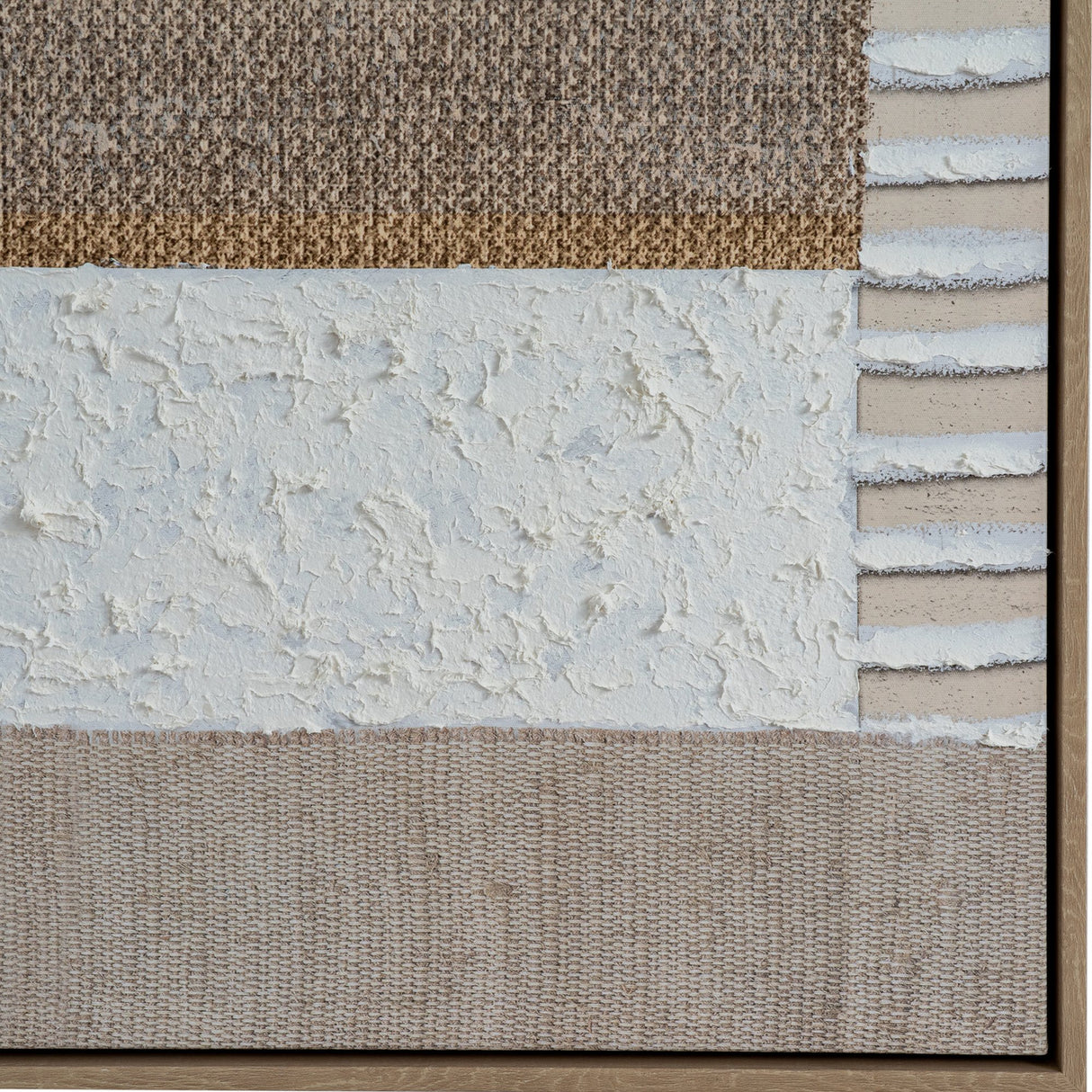 Close-up of Hill Interiors Hand Painted Canvas showing textured white impasto, woven brown and beige panels, and cream stripes within a slim wood frame.