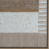 Close-up of Hill Interiors Hand Painted Canvas showing textured white impasto, woven brown and beige panels, and cream stripes within a slim wood frame.