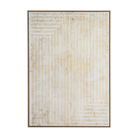 Hill Interiors hand painted canvas wall art in portrait orientation, featuring cream and beige linear brushwork on white, set in a slim wooden frame.