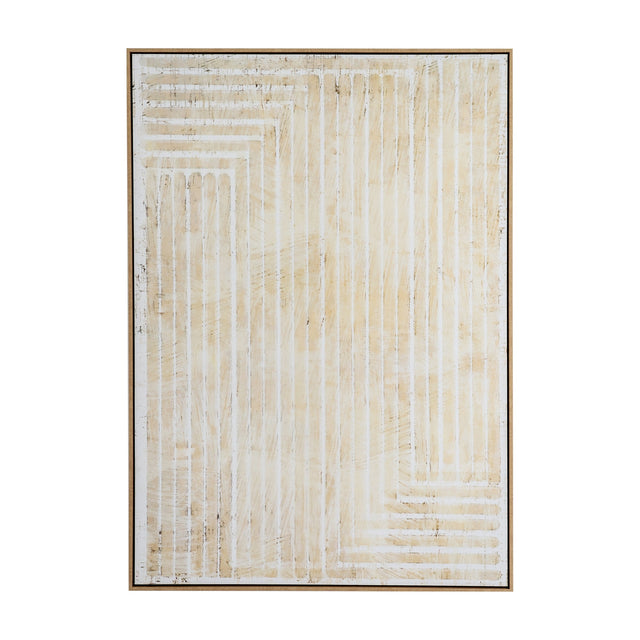 Hill Interiors hand painted canvas wall art in portrait orientation, featuring cream and beige linear brushwork on white, set in a slim wooden frame.
