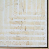Close-up of Hill Interiors hand painted canvas wall art showing layered cream and beige brushstrokes over a white ground, set within a light wooden frame.