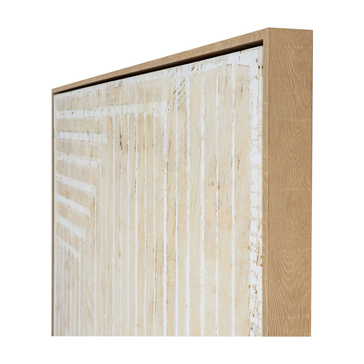 Side view of Hill Interiors hand painted canvas wall art in a solid wooden frame, showing cream and white striped brushwork with a slim 3cm depth.