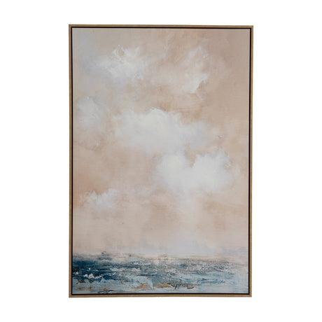 Hill Interiors hand painted portrait canvas in a slim wooden frame, showing soft peach cloudy sky above a textured blue sea horizon.