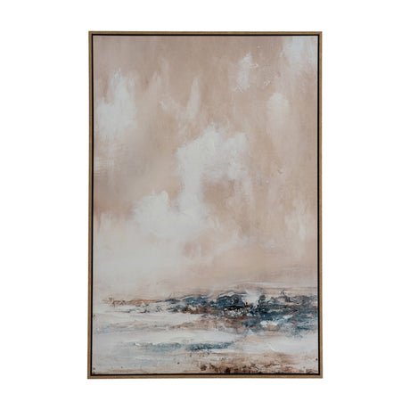 Hill Interiors hand painted canvas in a slim wooden frame, showing a soft beige sky above a textured blue and white coastal landscape.