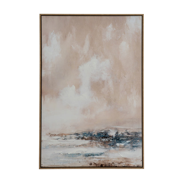 Hill Interiors hand painted canvas in a slim wooden frame, showing a soft beige sky above a textured blue and white coastal landscape.