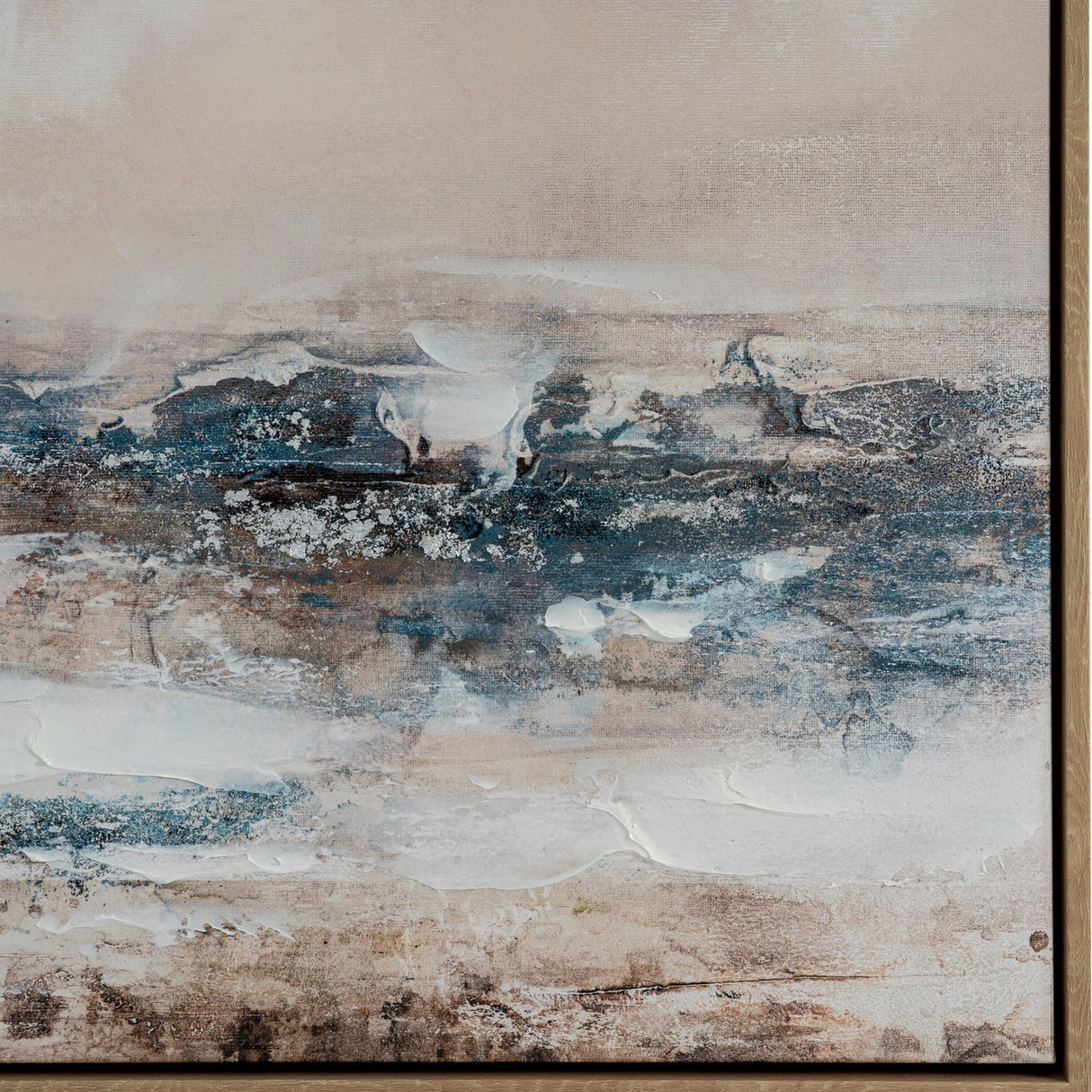 Hill Interiors hand painted canvas in a slim wooden frame, showing textured brushwork in blue, white, and warm neutral tones.