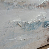 Close-up of Hill Interiors Hand Painted Canvas showing textured white, blue and beige brushwork with silver flecks on canvas weave.