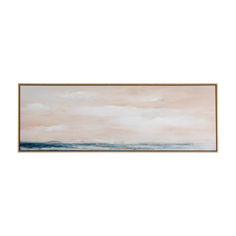 Hill Interiors hand painted landscape canvas in slim wooden frame, showing pale pink sky with clouds above a blue and beige shoreline.